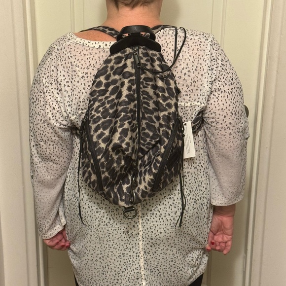 NWT Rebecca Minkoff Julian, mini leopard print backpack in black and gray nylon main image 11